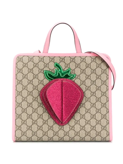 Gucci Kids' Gg Supreme Strawberry Tote Bag In Neutrals