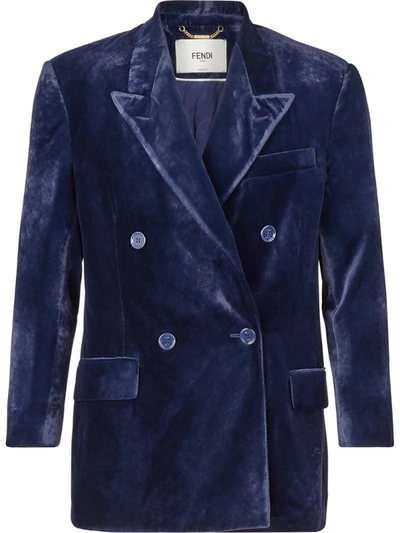 Fendi Double-breasted Velvet-effect Blazer In Blue