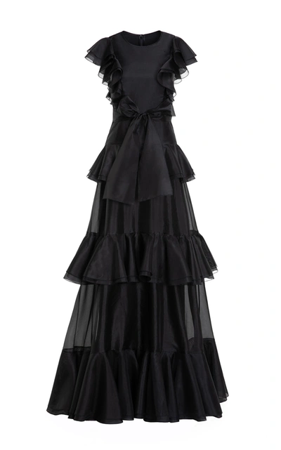 Huishan Zhang Liberty Tiered Taffeta Gown In Black | ModeSens