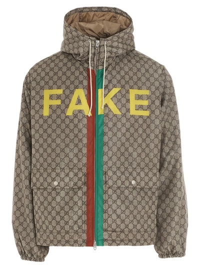 Gucci Gg Supreme Canvas 'not Fake'-print Jacket In Neutrals