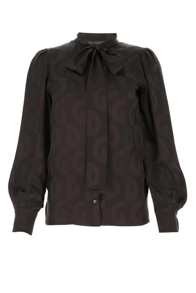 Dolce & Gabbana Pussybow Jacquard Blouse In Brown