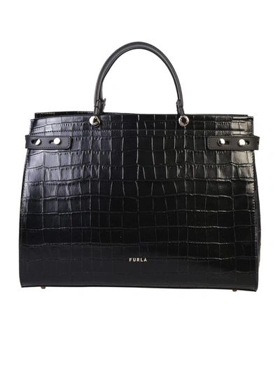 Furla Bag In Crocodile Print Leather In Black