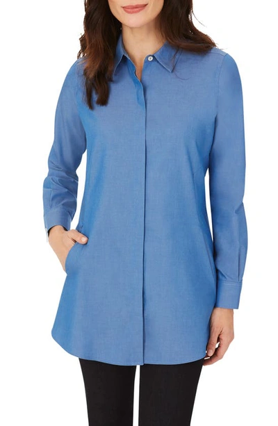 Foxcroft Cici Cotton Non-iron Tunic Shirt In Mountain Blue