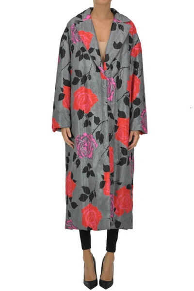 Msgm Oversized Flower Print Nylon Coat In Grey