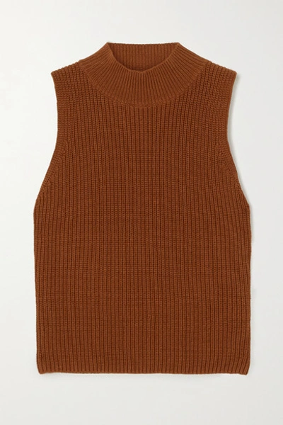 Reformation Montaigne Ribbed Organic Cotton Turtleneck Top In Brown