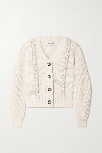 Self-portrait Crystal-embellished Cable-knit Cotton And Wool-blend Cardigan In Ivory