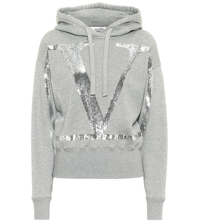 Valentino Vlogo Cropped Sequinned Hoodie In Grey