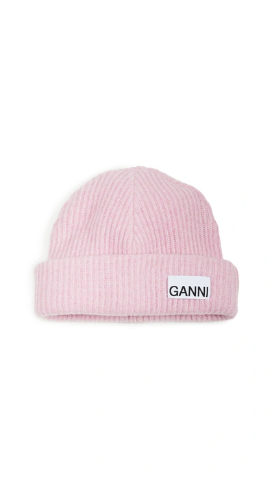 Ganni Logo-patch Ribbed Wool-blend Beanie In Sweet Lilac