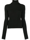 Bottega Veneta Black Ribbed Wool Turtleneck Sweater In Brown