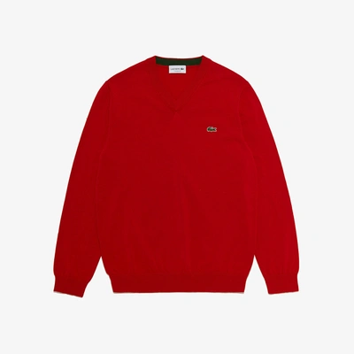 Lacoste Monochrome Cotton V Neck Sweater - Xl - 6 In Red