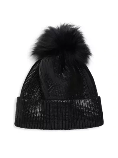 Adrienne Landau Fox Fur Pom-pom Metallic Knit Beanie In Black