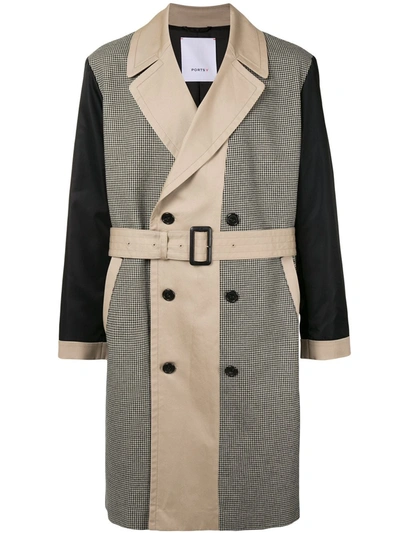 Ports V Houndstooth-pattern Panelled Trench Coat In Grey