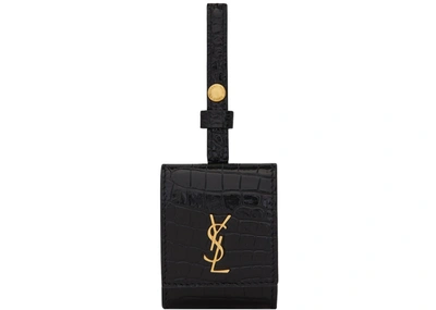 Pre-owned Saint Laurent  Airpods Case Monogram Crocodile-embossed Shiny Leather Black