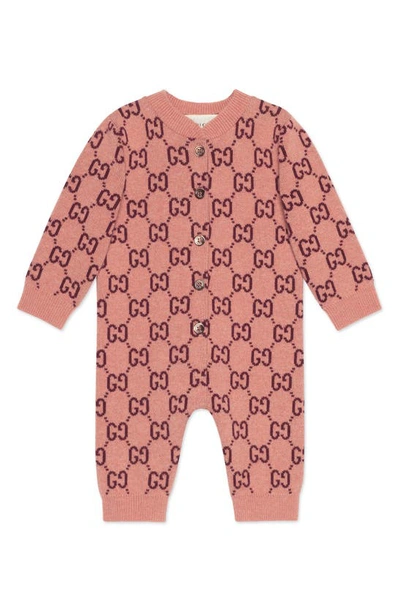 Gucci Babies' Gg Logo Jacquard Wool Sweater Romper In Rose/ Spent Red Print