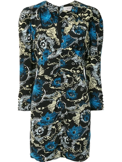 A.l.c Roxy Ruched Printed Silk-blend Mini Dress In Black/blue