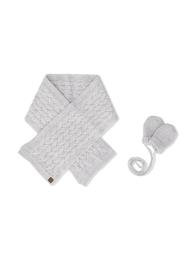 Tartine Et Chocolat Babies' Cable Knit Scarf And Mittens Set In Grey