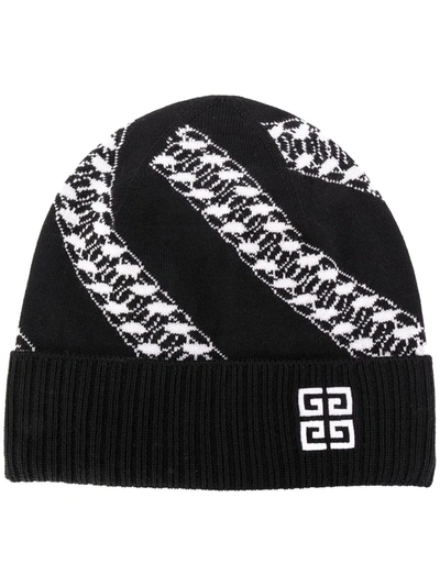 Givenchy Chain-logo Intarsia-knit Beanie Hat In 黑色