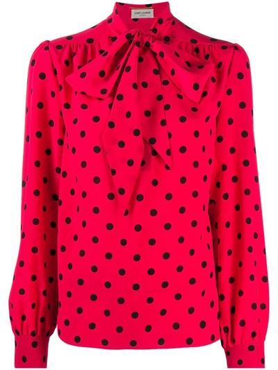 Saint Laurent Pussy-bow Polka-dot Blouse In Red