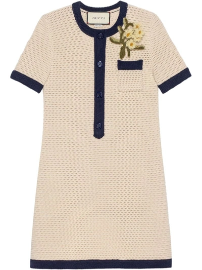 Gucci Short Wool Dress With Flower Brooch In Blue