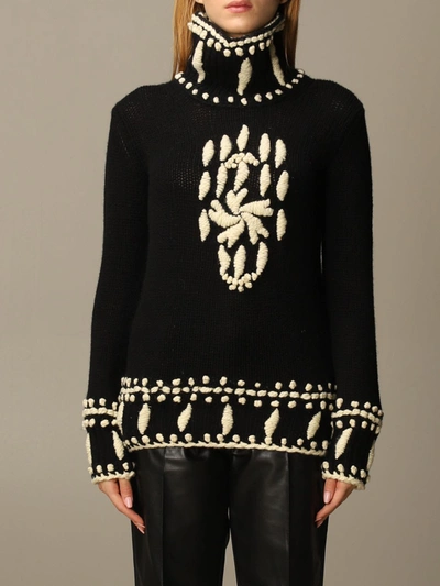 Ermanno Scervino Woman Black Sweater With Embroidery In Nero/avorio