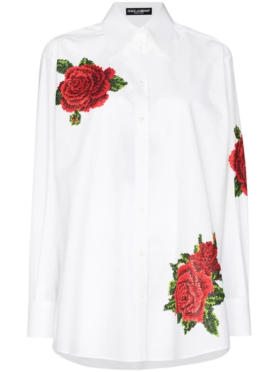 Dolce & Gabbana Rose-embroidered Cotton Poplin Shirt In White