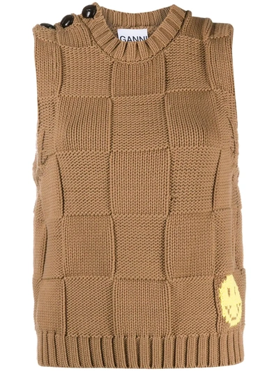Ganni Square-knit Waistcoat In Brown