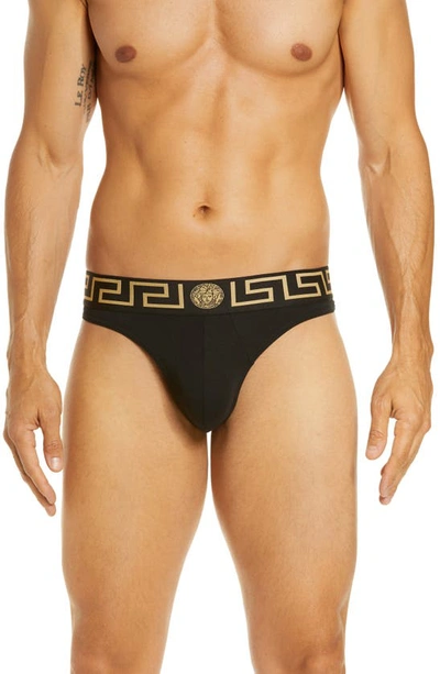 Versace First Line First Line Logo Stretch Cotton Thong In Black/ Gold