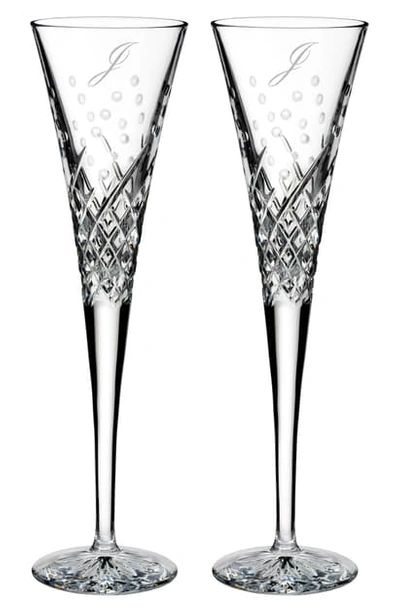 Waterford Happy Celebrations Set Of 2 Monogram Lead Crystal Champagne Flutes In Clear