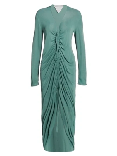 Bottega Veneta Glossy Viscose Jersey Ruched Maxi Dress In Storm