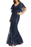 Mac Duggal Sequin Flutter Sleeve Evening Gown In Blue