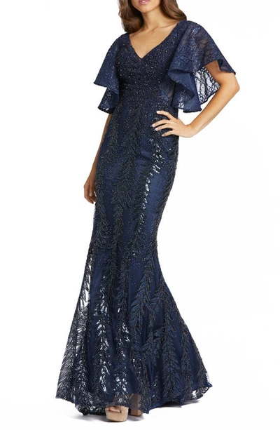 Mac Duggal Sequin Flutter Sleeve Evening Gown In Blue