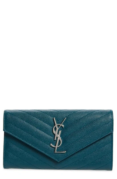Saint Laurent M Atelasse Leather Envelope Wallet In 4413 Petrol Green
