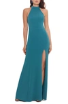 Xscape Halter Neck Open Back Gown In New Teal