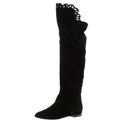 Pre-owned Chloé Black Suede Laser Cut Scrunch Over The Knee Boots Size 38
