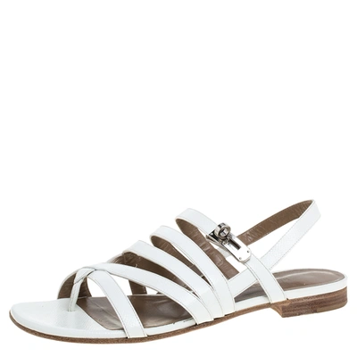 Pre-owned Hermes White Leather Marine Strappy Flat Sandals Size 38.5