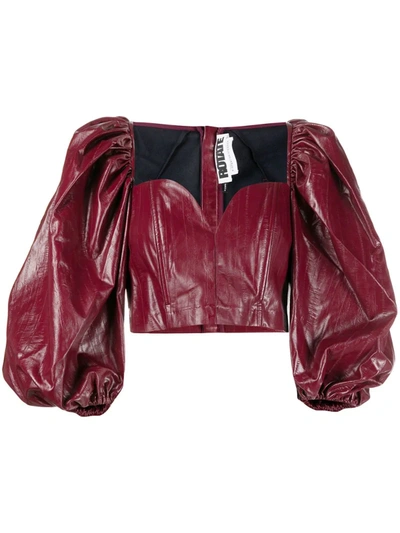 Rotate Birger Christensen Cropped Puff Sleeve Blouse In Red
