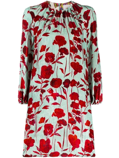 La Doublej Floral Print Velvet Mini Dress In Green