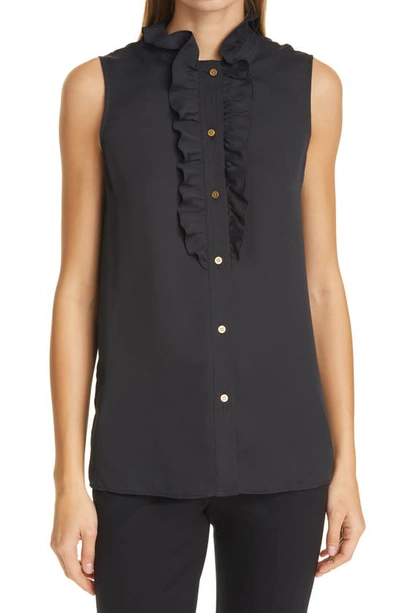 Tory Burch Ruffle-front Button-down Shell In Black