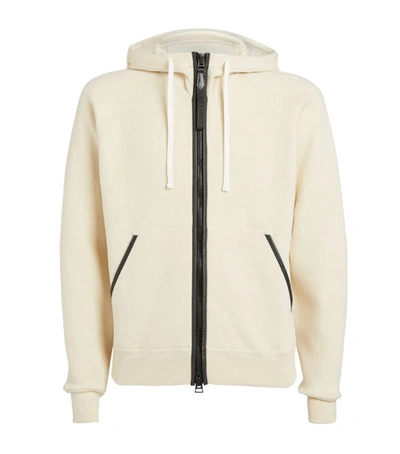 Tom Ford Leather-trimmed Cashmere-blend Zip-up Hoodie In Neutrals
