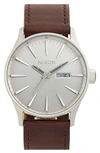 Nixon The Sentry Leather Strap Watch, 42mm In Silver/ Brown