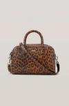 Ganni Printed Leather Top Handle Bag In Toffee