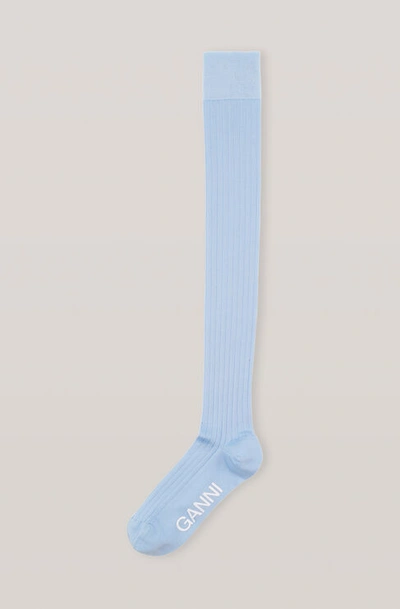 Ganni Logo-print Cotton-blend Over-the-knee Socks In Heather