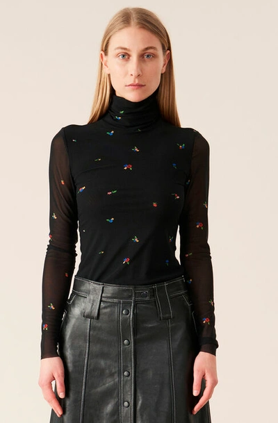 Ganni Printed Mesh Rollneck In Black