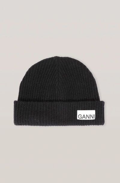 Ganni Recycled Wool Knit Hat Black One Size In Black