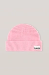 Ganni Rib-knit Logo-patch Beanie In Sweet Lilac