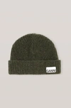 Ganni Logo-patch Recycled Wool-blend Beanie Hat In Green