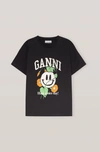 GANNI SHORT SLEEVED BASIC COTTON JERSEY T-SHIRT, SMILEY FLOWER, PHANTOM IN PHANTOM,5714667105668