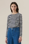 Ganni Striped Cotton Jersey Long Sleeve Shirt In Nature/dress Blues