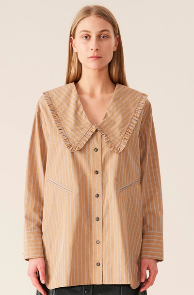 Ganni Stripe Cotton Oversized Shirt In Neutrals