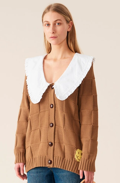 Ganni Cotton Robe Knit Cardigan Tiger's Eye Size L In Brown